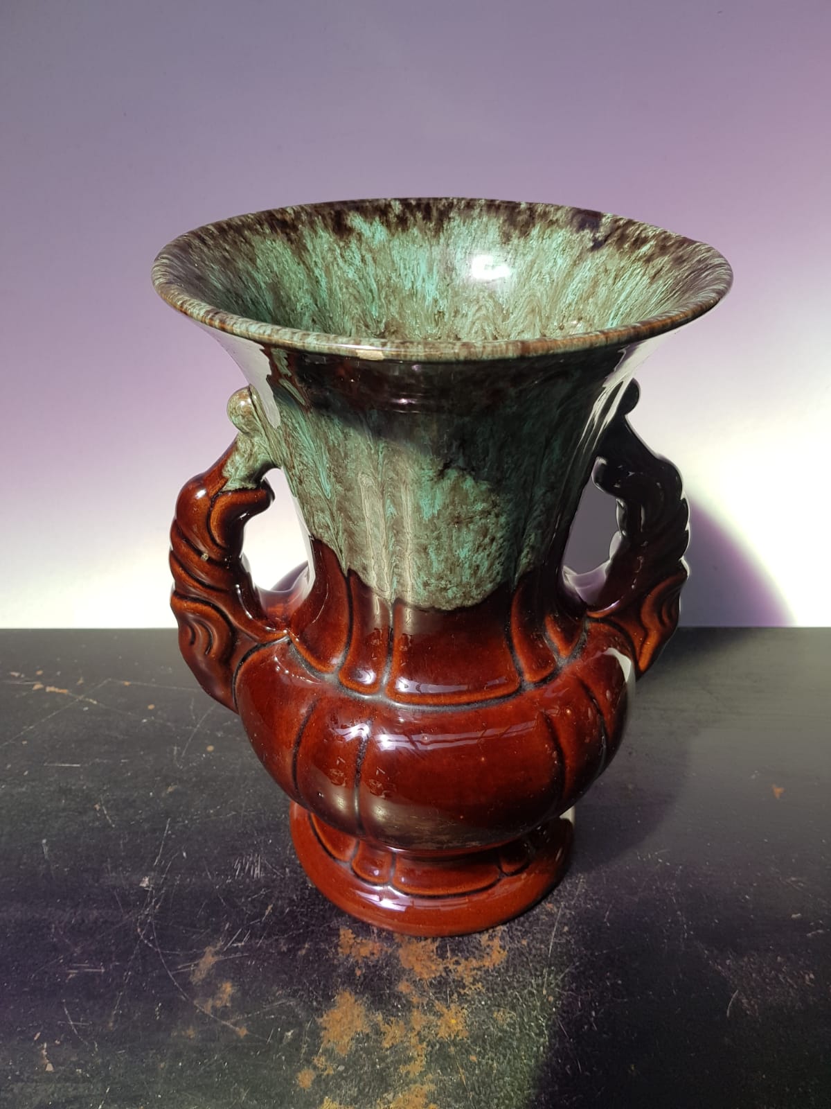 Former Vase ADP Enamelled Ceramics Brown Blue Green Frames - Vintage Anses