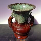 Vase adp céramique émaillée marron coulures vert bleu avec anses vintage