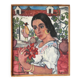 Spanish woman with a red bouquet, signed 1978.