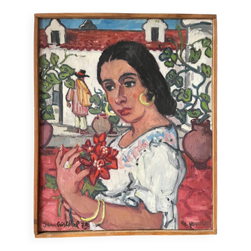Spanish woman with a red bouquet, signed 1978.