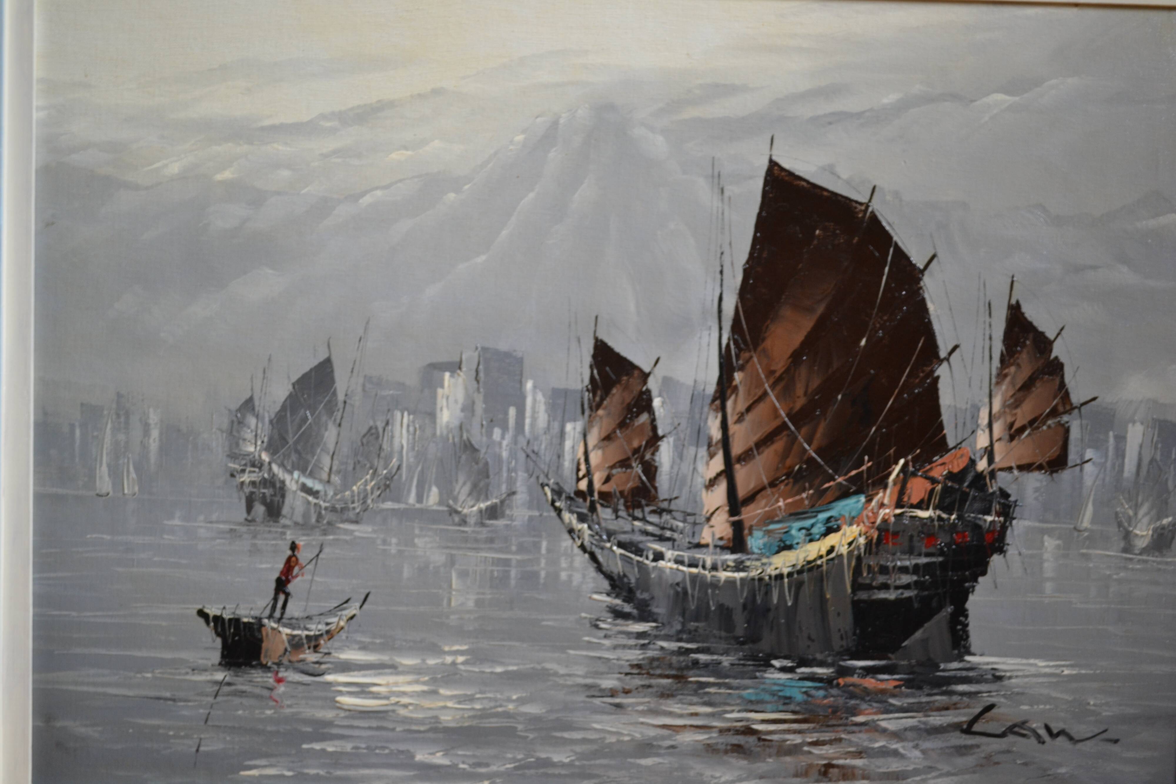 marine painting sailboats seaside in Asia HSP signed
