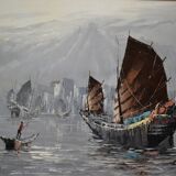 peinture marine voiliers bord de mer en Asie HSP signé