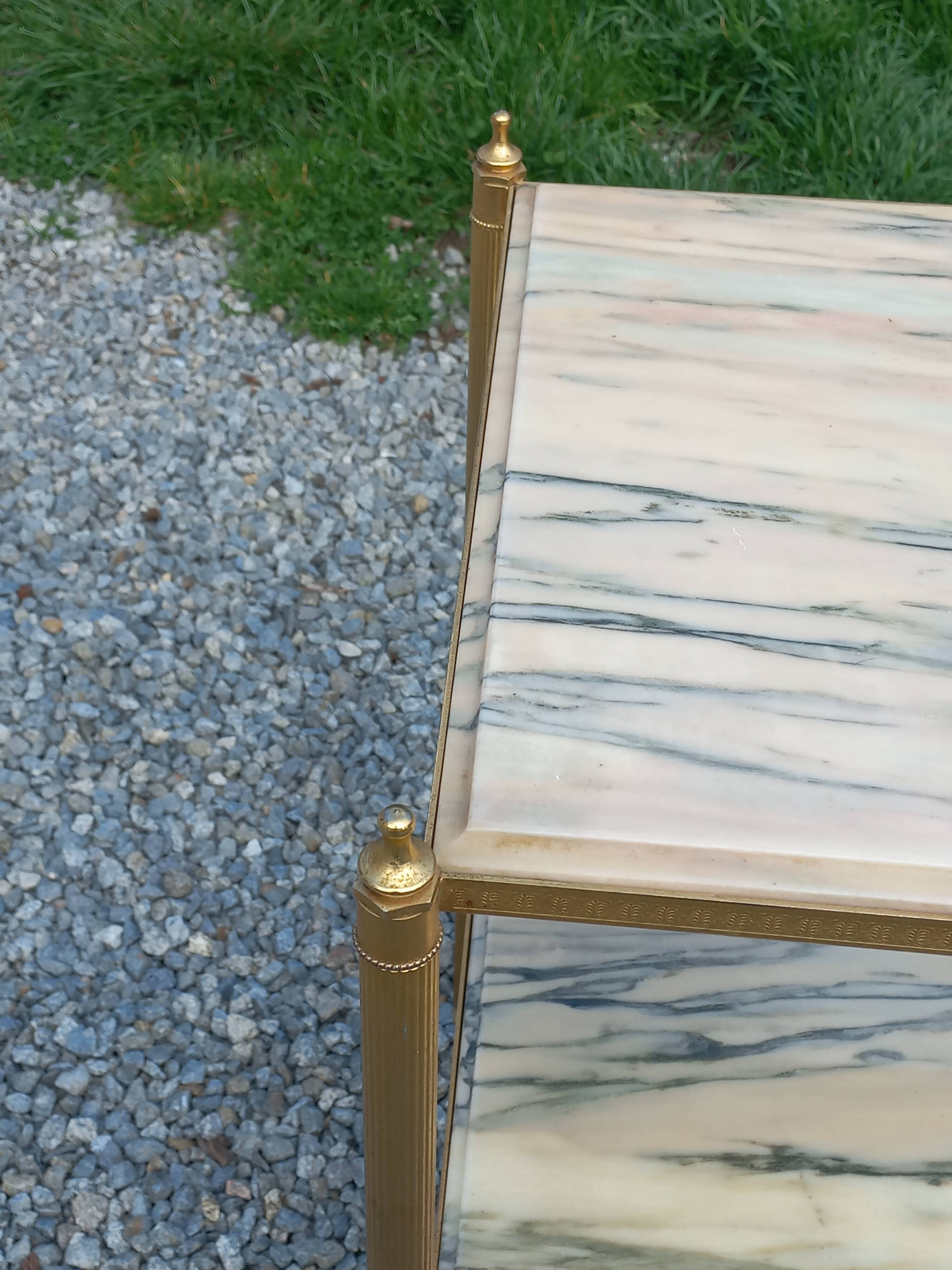 Pair of neoclassical side tables in bronze, brass, marble, and o.