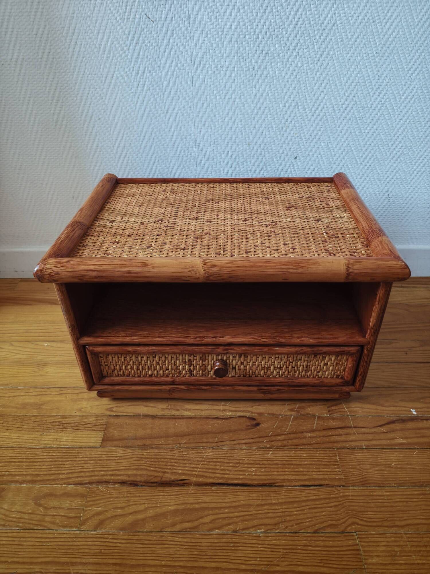 Rattan bedside table from the 1970s-80s.