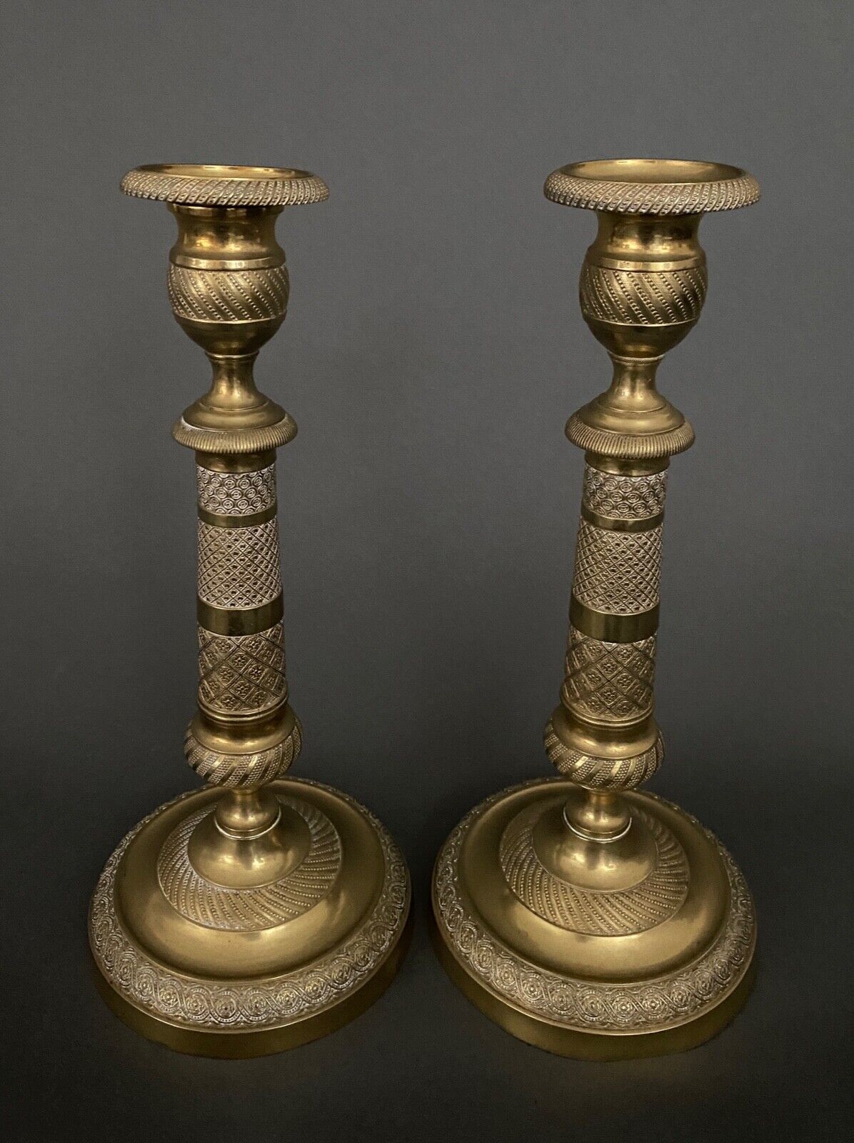 Pair of candlesticks gilded bronze chiseled guilloché first part of the nineteenth
