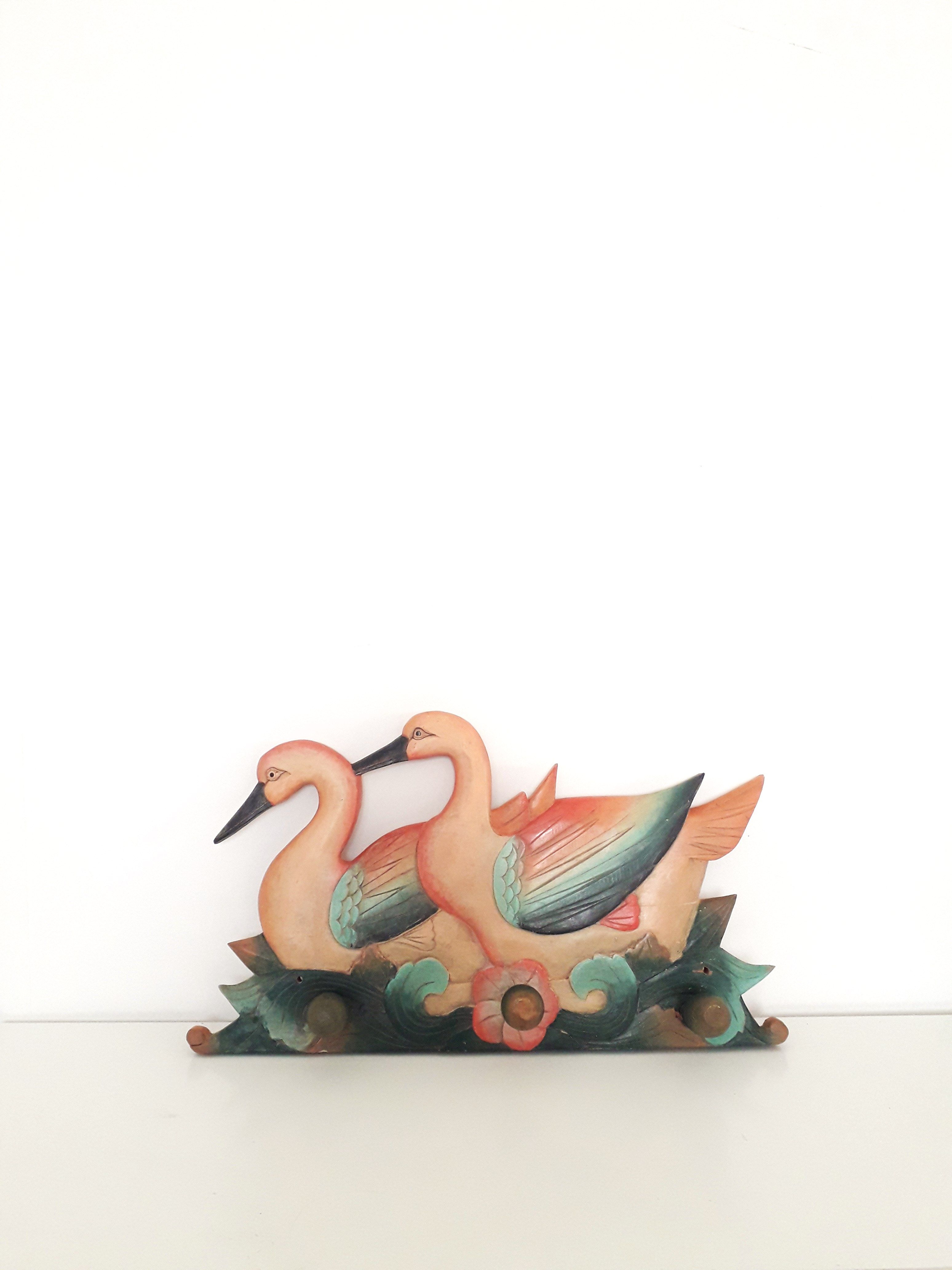 Vintage wall coat rack - Carved wood duck patterns - 1900