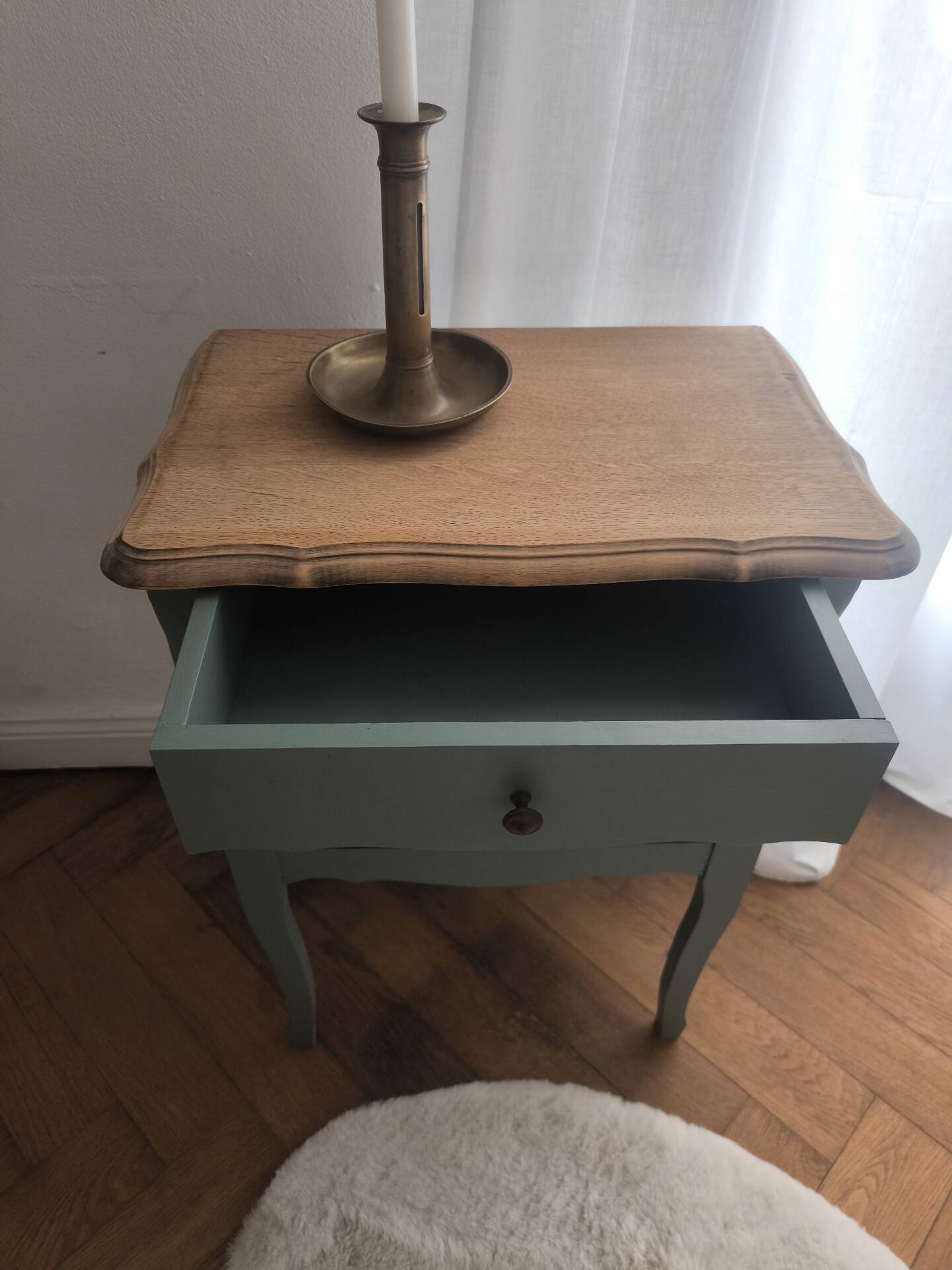 Louis XV bedside table revamped in solid oak and sage green/grey green.