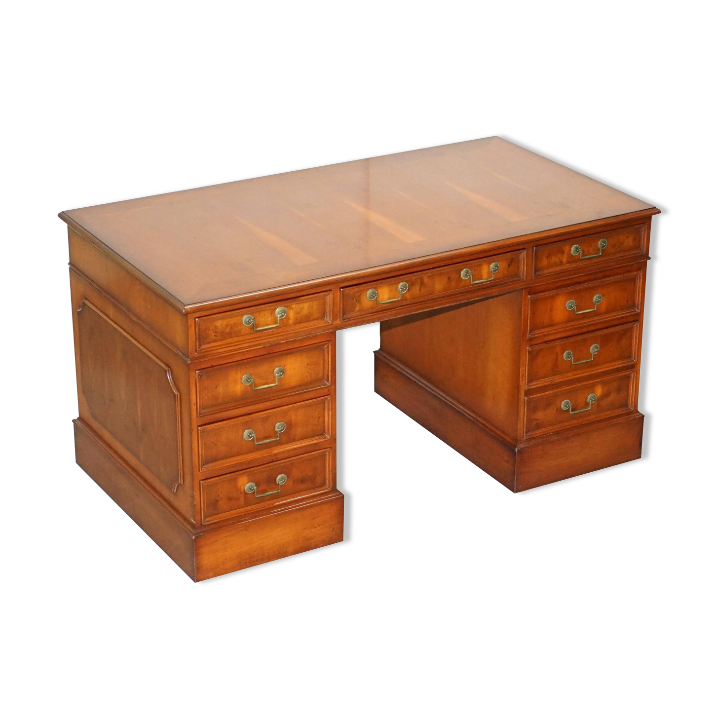 Partner desk with double pedestal in burr yew wood with decorated top.