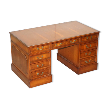 Bureau partenaire à double piédestal en bois d'if burr avec plateau orné