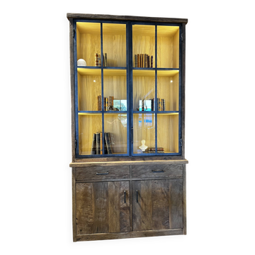 Bibliothèque vitrine en chêne ancien et métal noir – pièce unique