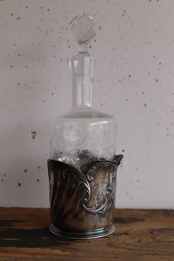 Flacon ancien en verre gravé et métal argenté – poinçon Gallia