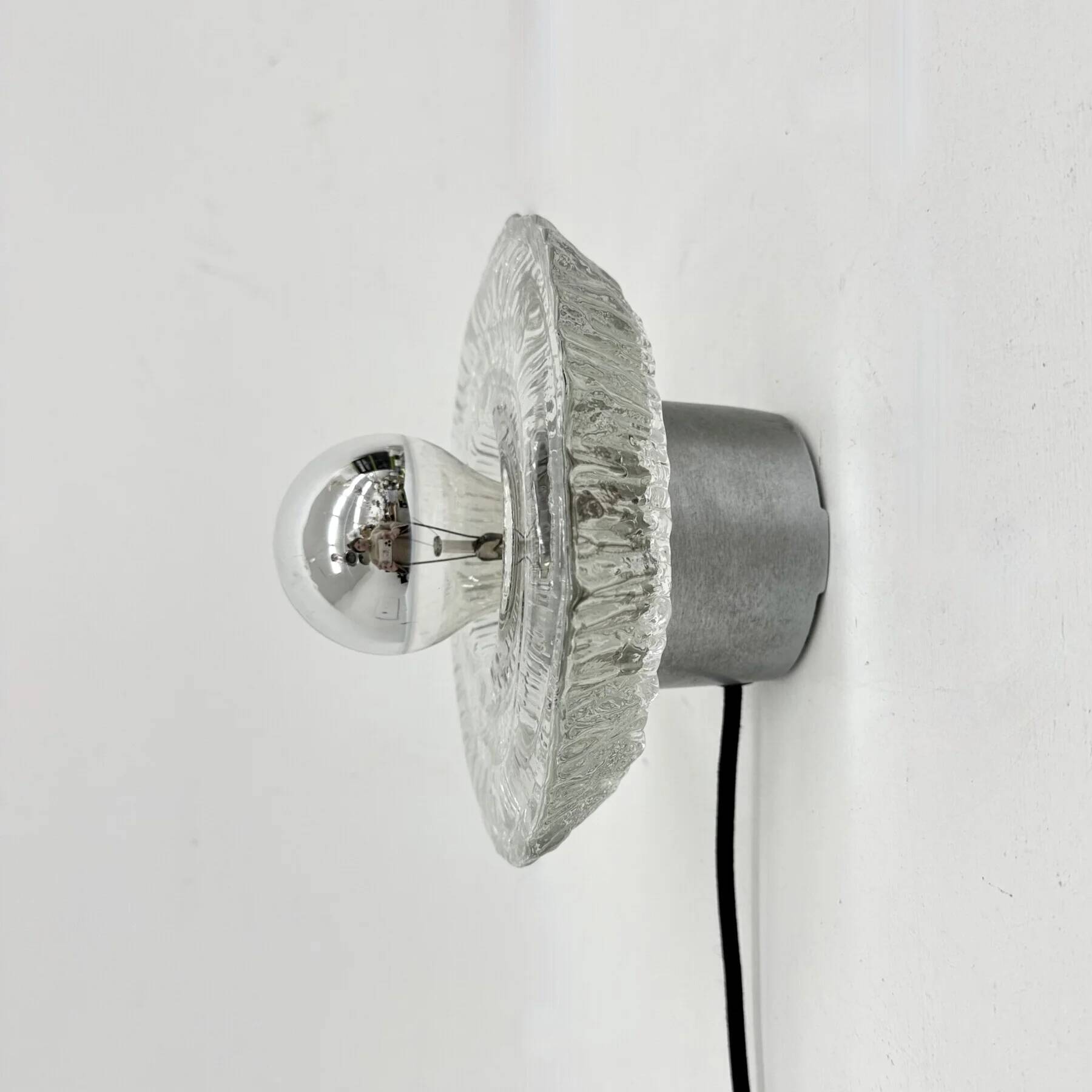 Thick structured ice glass wall light flush mount by Peill & Putzler, 1970s