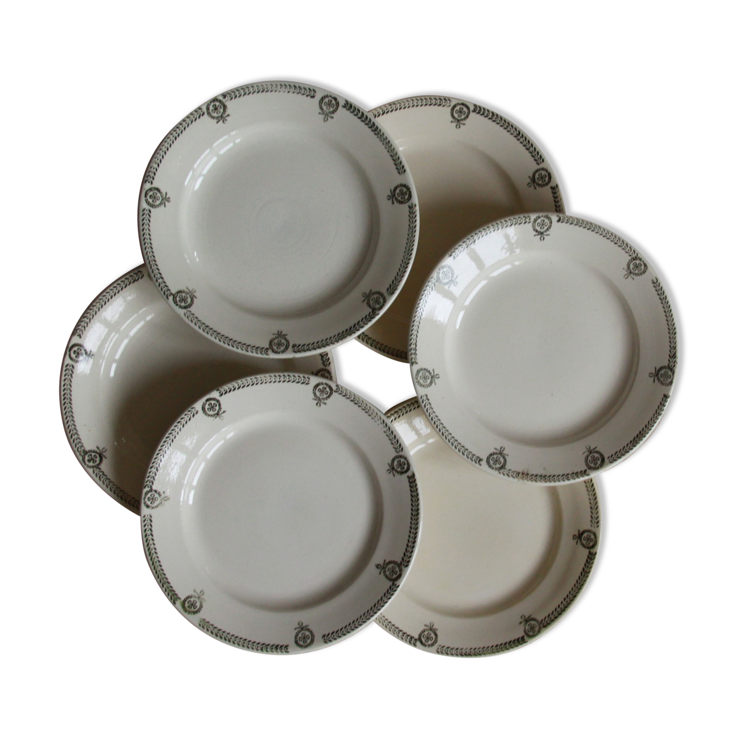 Set of 6 flat plates green garland old earthenware Castres