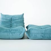 Togo set of armchair and pouf in light blue corduroy