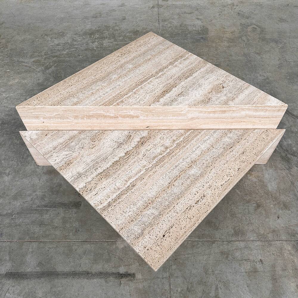 Up & Up large Italian Brutalist travertine coffee table, two-piece geometric mod