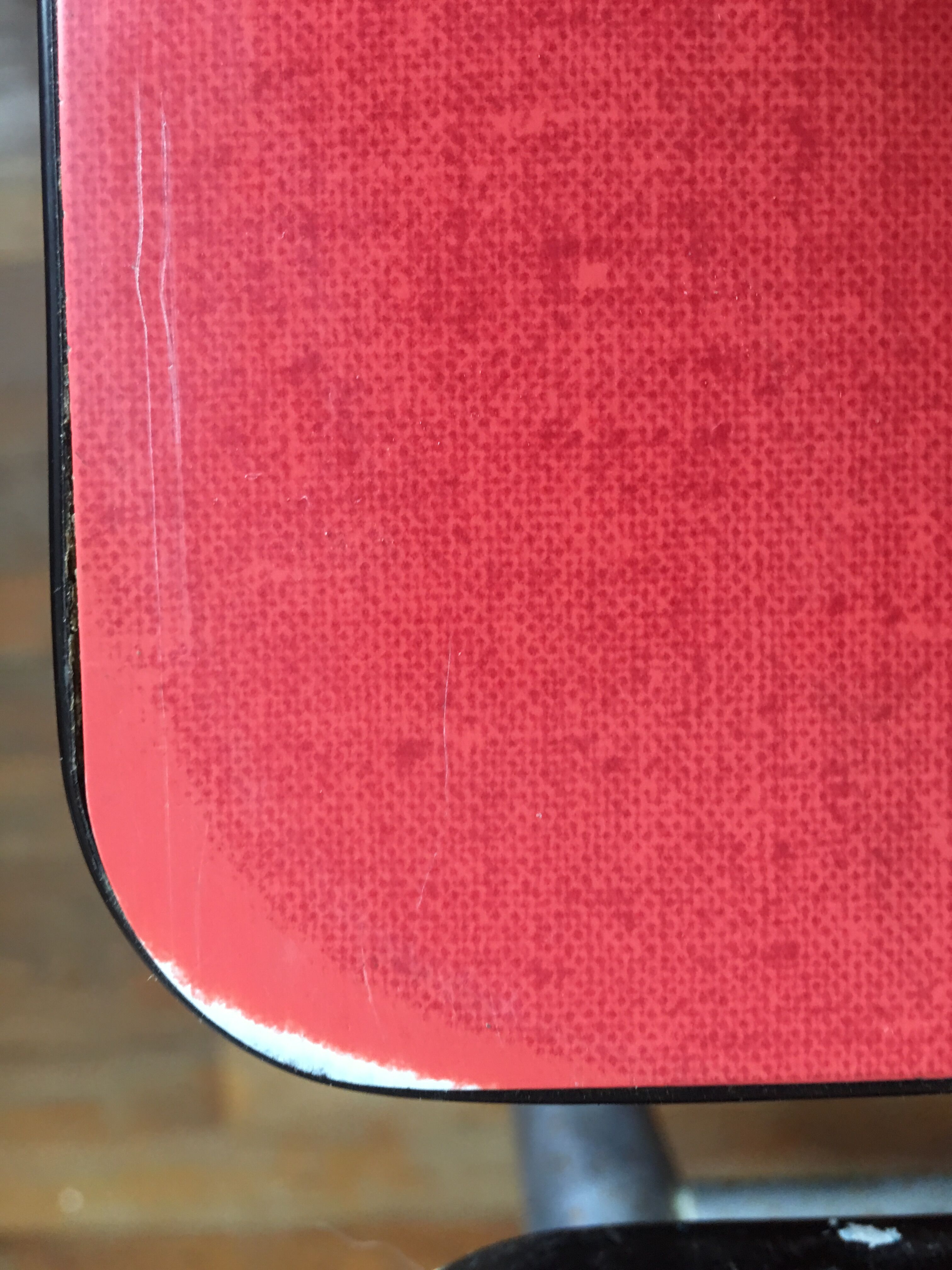 Large table in red formica with extensions + red drawer