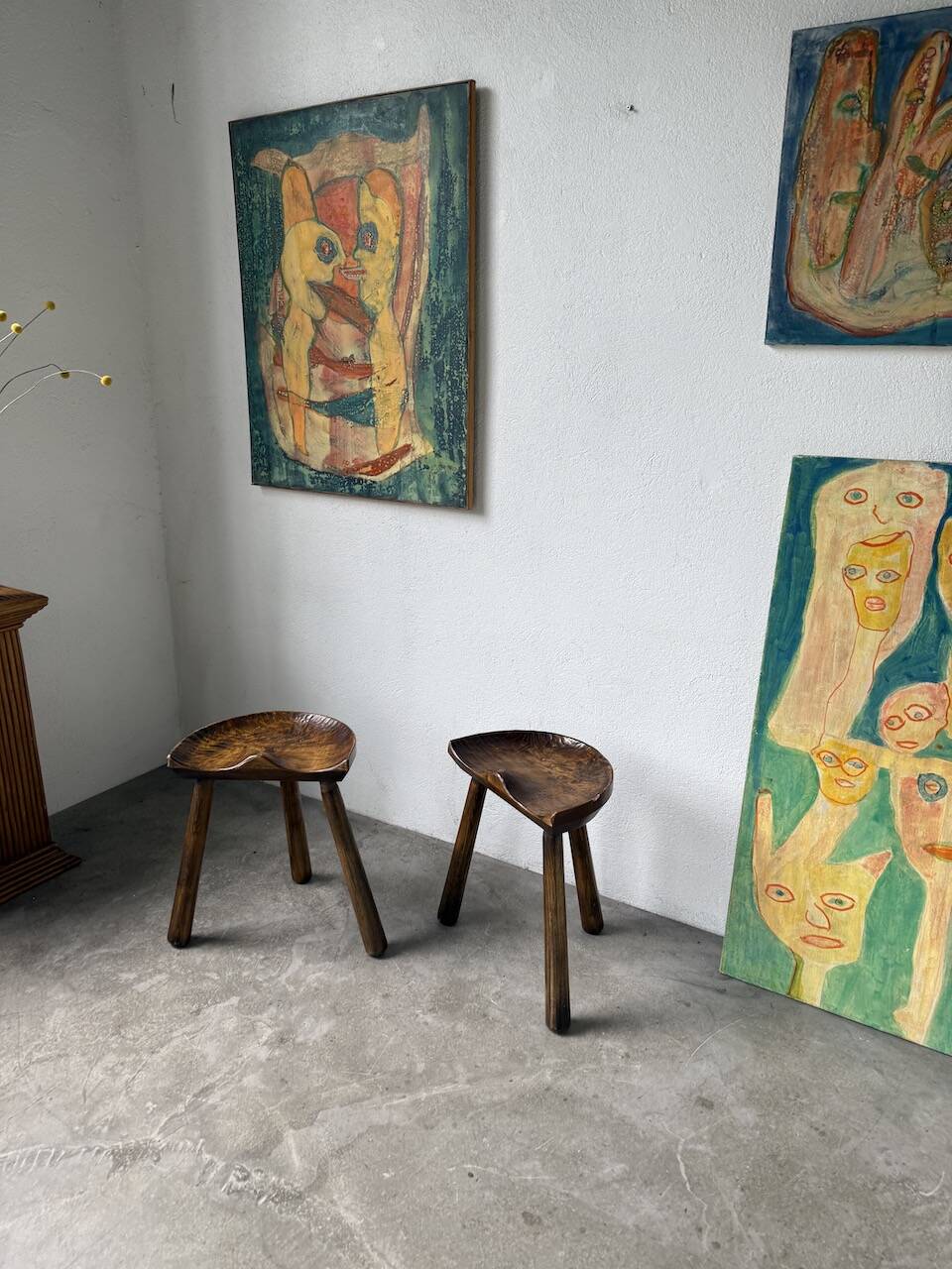 Pair of Le Selou tripod shepherd's stools
