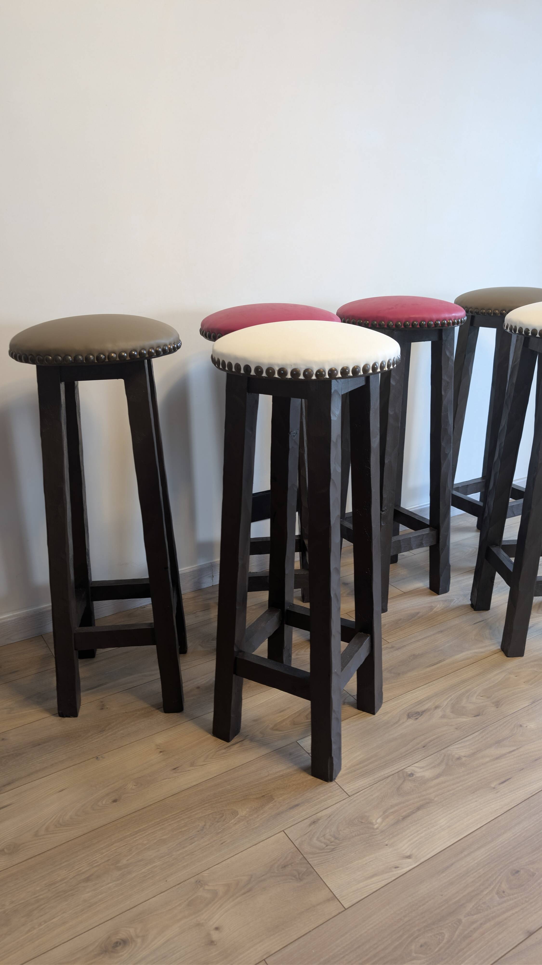 Set of 6 wooden bar stools — bistro style & distressed wood