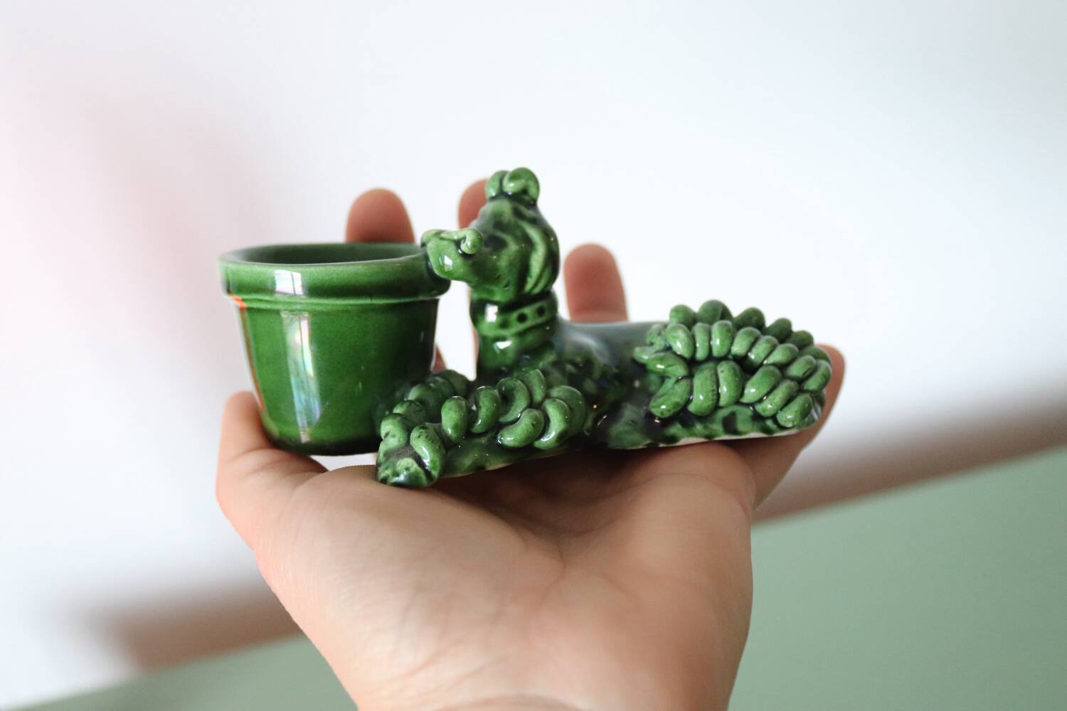 Small vintage green ceramic poodle candlestick
