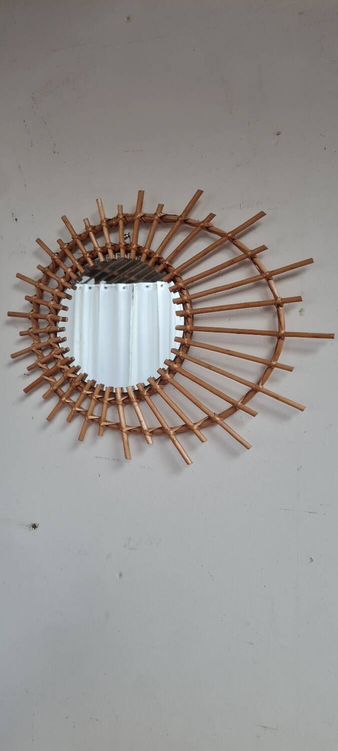 Miroir soleil en rotin 1960