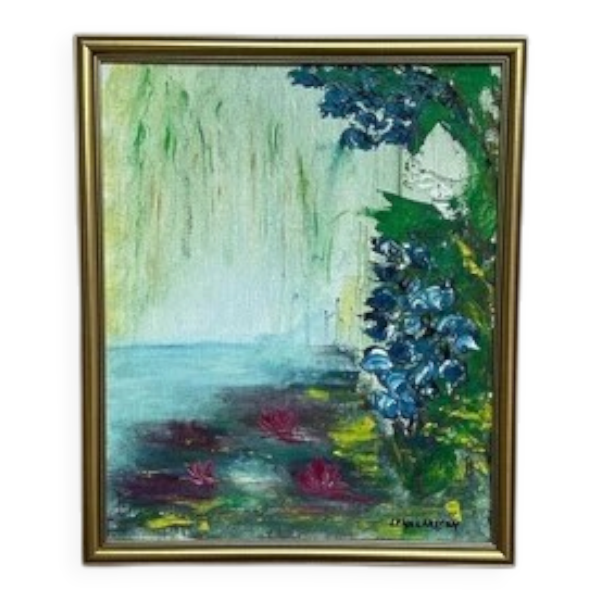 Mid-Century Oil on Canvas “Water Lilies” by Lena Larsson Framed 50 × 42 cm