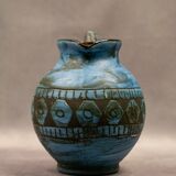 Blue ceramic pitcher with frieze by Jérôme Massier – Vallauris