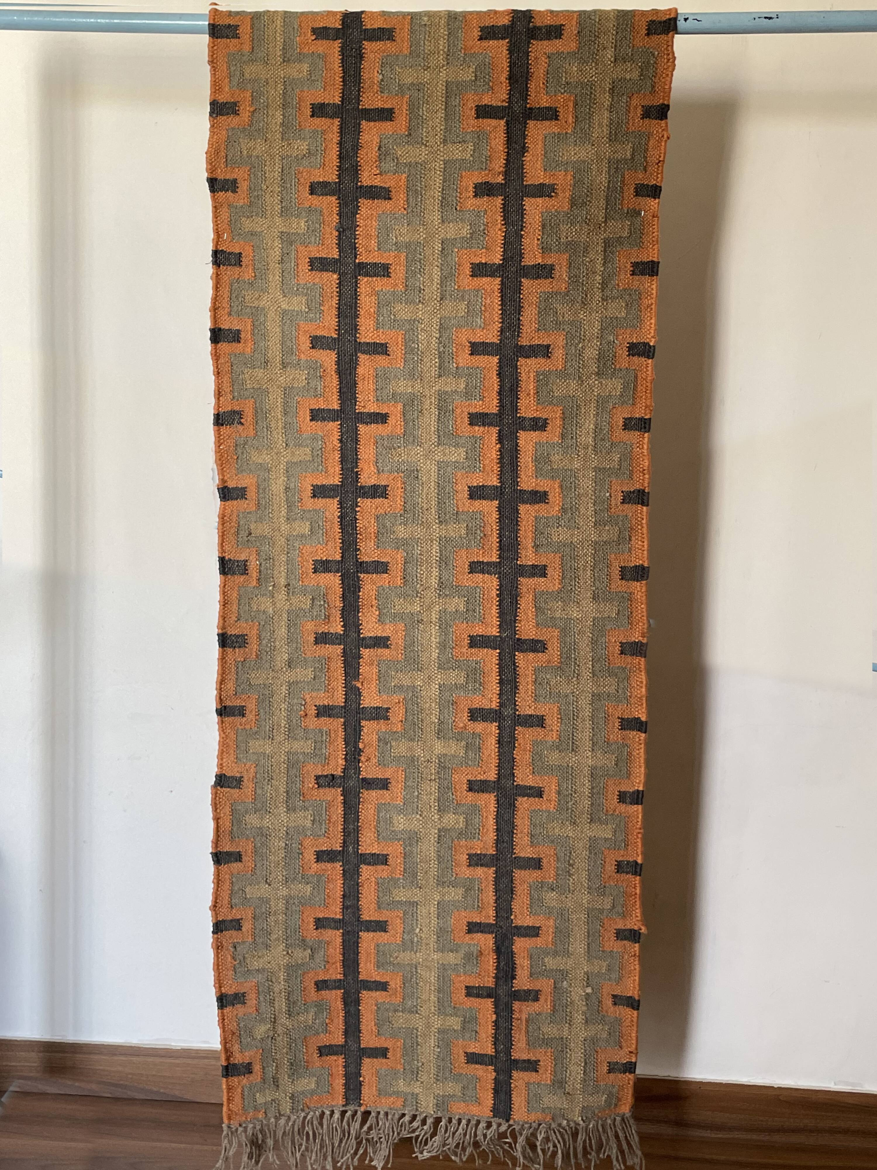 2x6 Ft - Tapis Kilim en jute et laine fait main d'occasion, tapis traditionnel indien.
