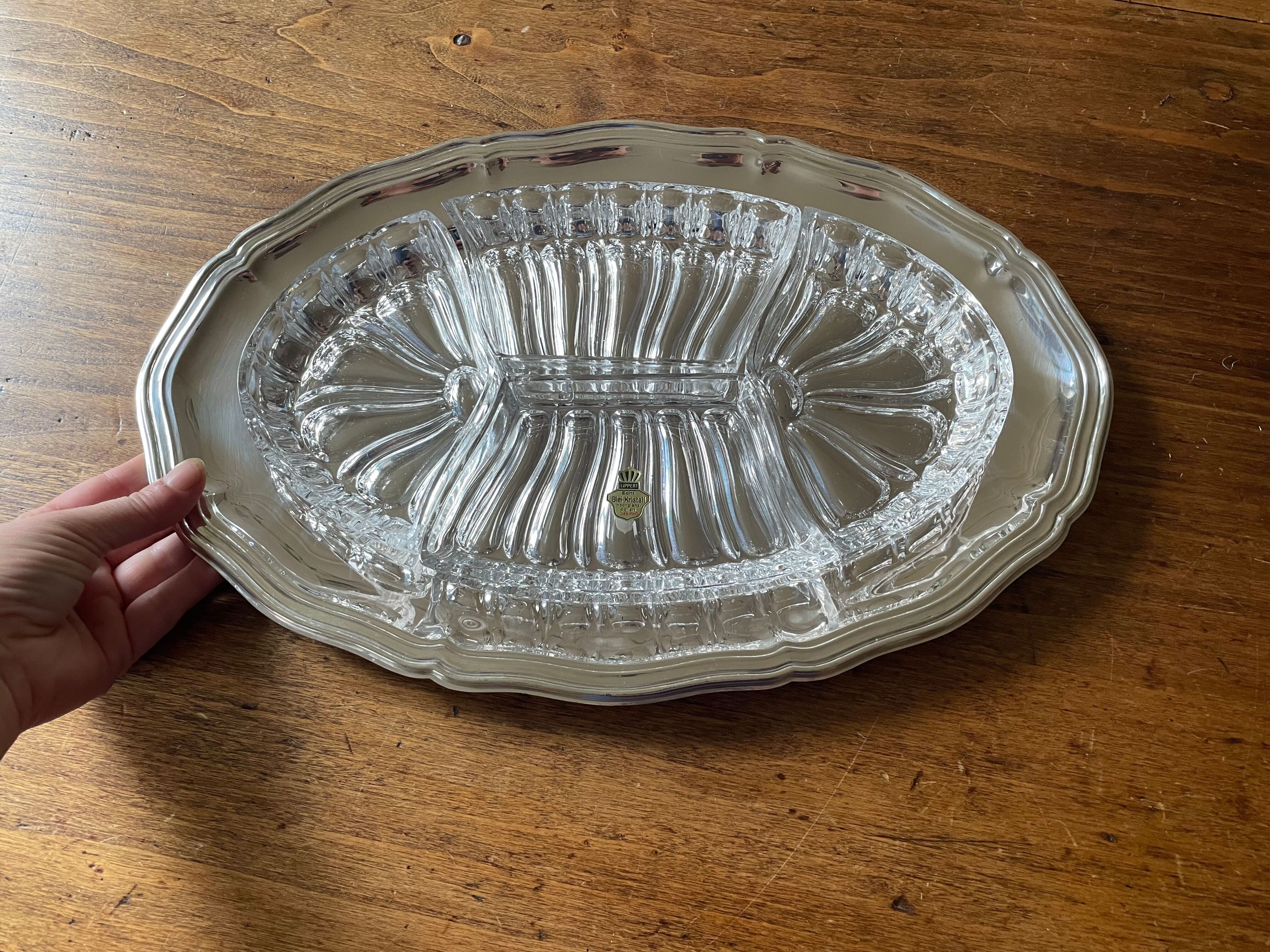 Antique serving dish, aperitif, starters, in Lippert crystal and metal