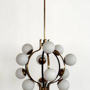 Stilnovo Italian Midcentury Chandelier, Brass & Opaline Glass, 1950s