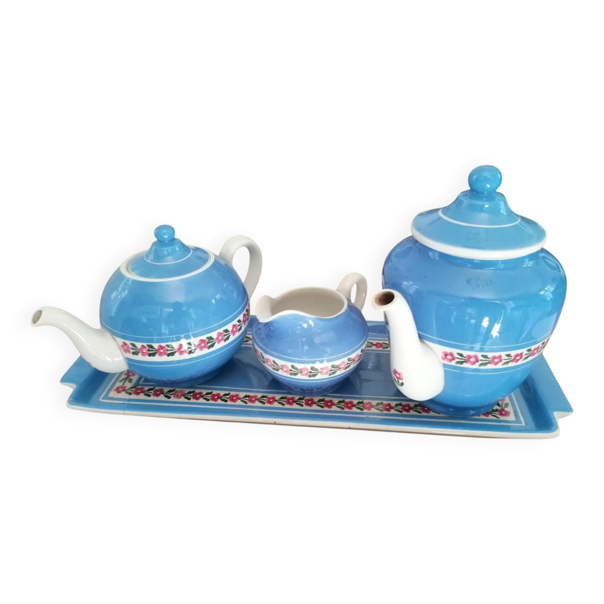 Service à thé en faience ancienne bleu et rose. Sarreguemine 1950