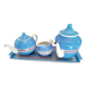 Service à thé en faience ancienne bleu et rose. Sarreguemine 1950