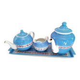 Service à thé en faience ancienne bleu et rose. Sarreguemine 1950