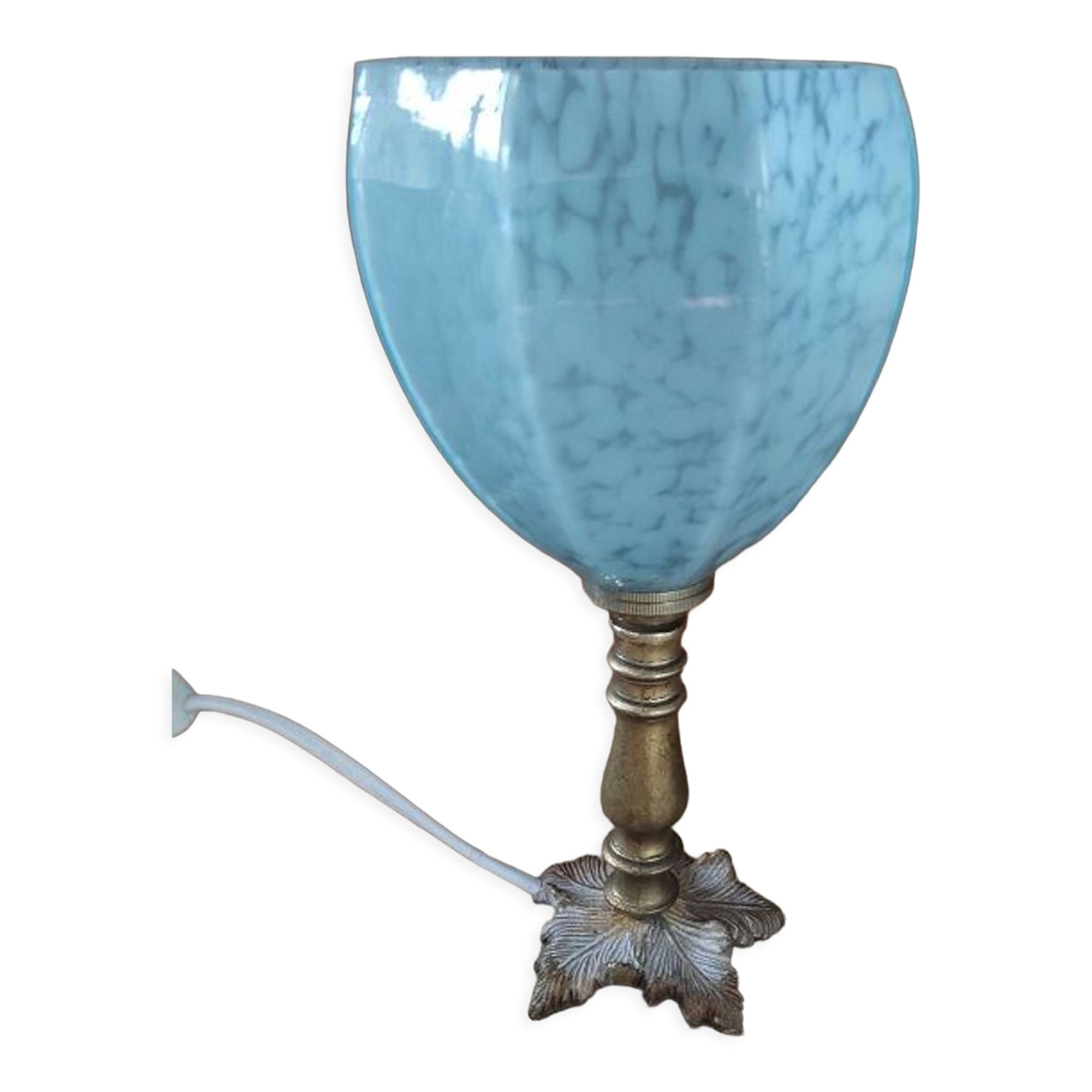 Bedside lamp patinated golden brass tulip glass Clichy bluish