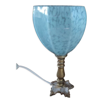 Bedside lamp patinated golden brass tulip glass Clichy bluish