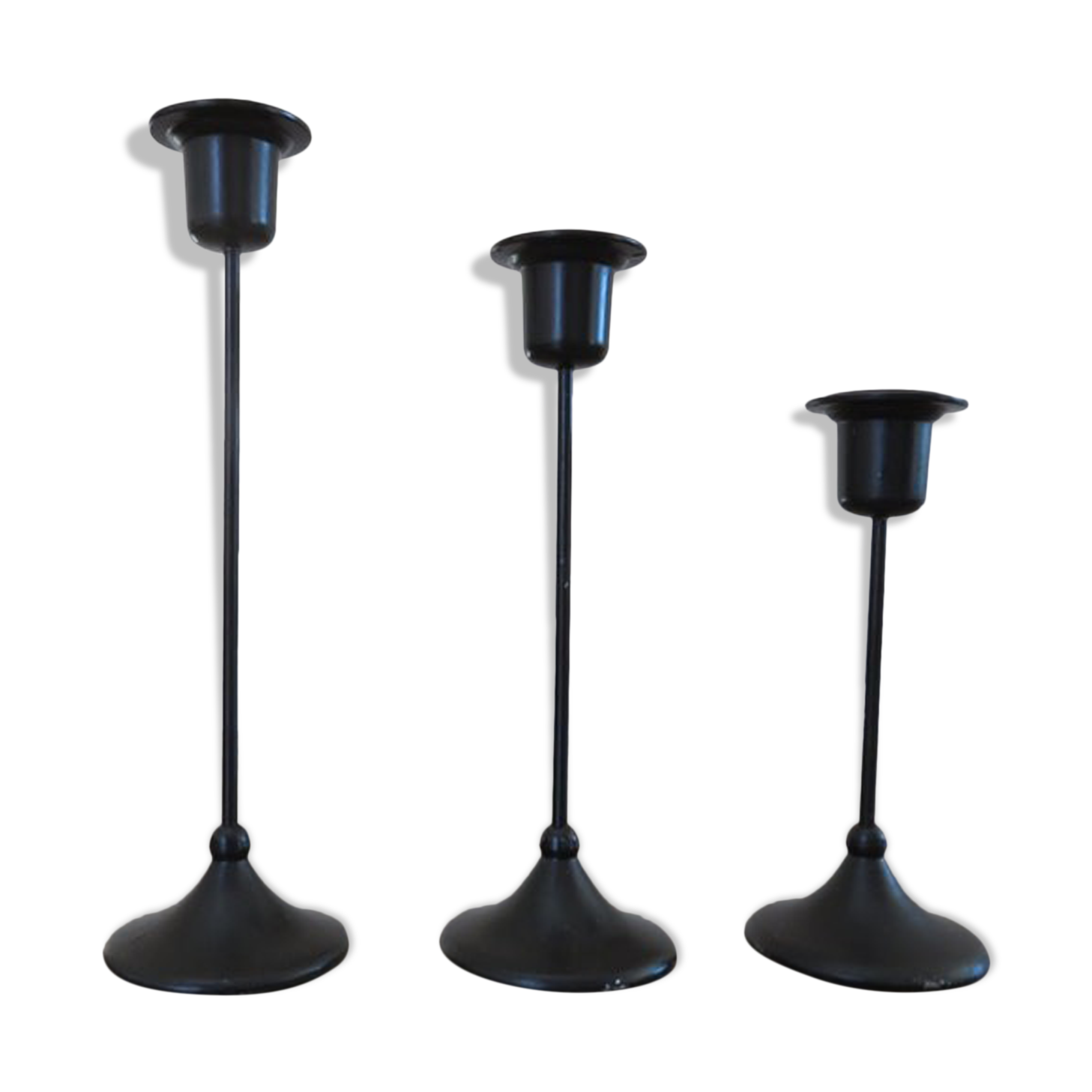 Series of 3 Scandinavian candle holders in black lacquered metal 60s 70s