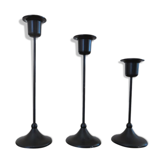Series of 3 Scandinavian candle holders in black lacquered metal 60s 70s