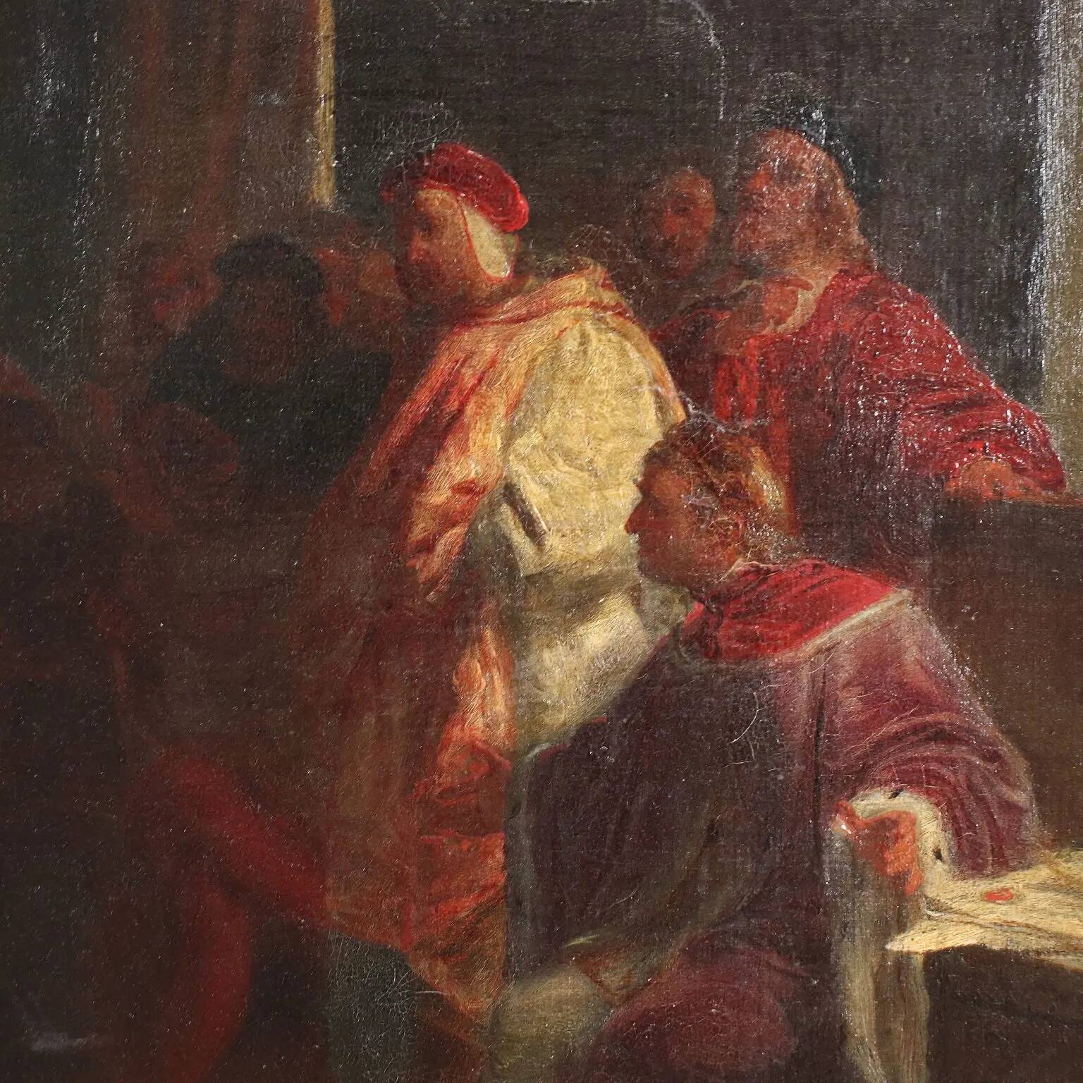 Ancient painting on a historical subject, oil on canvas, Italy 19th century.