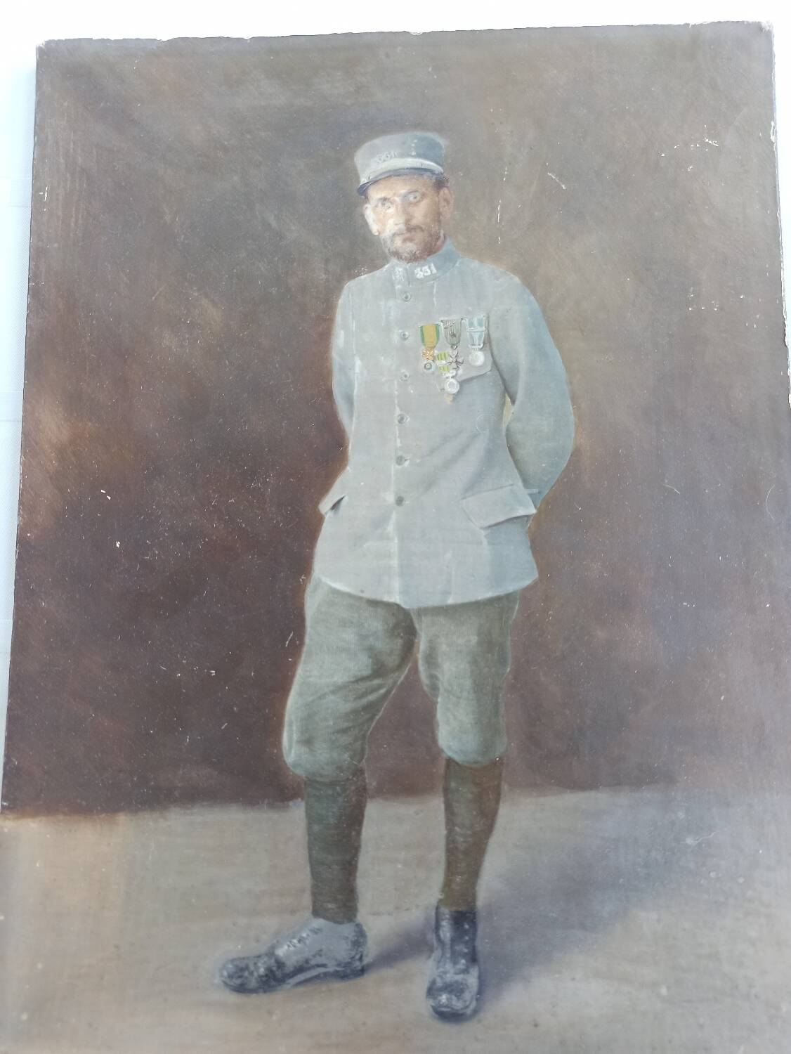 French soldier posing before the battle at Verdun. Oil on canvas. 1917