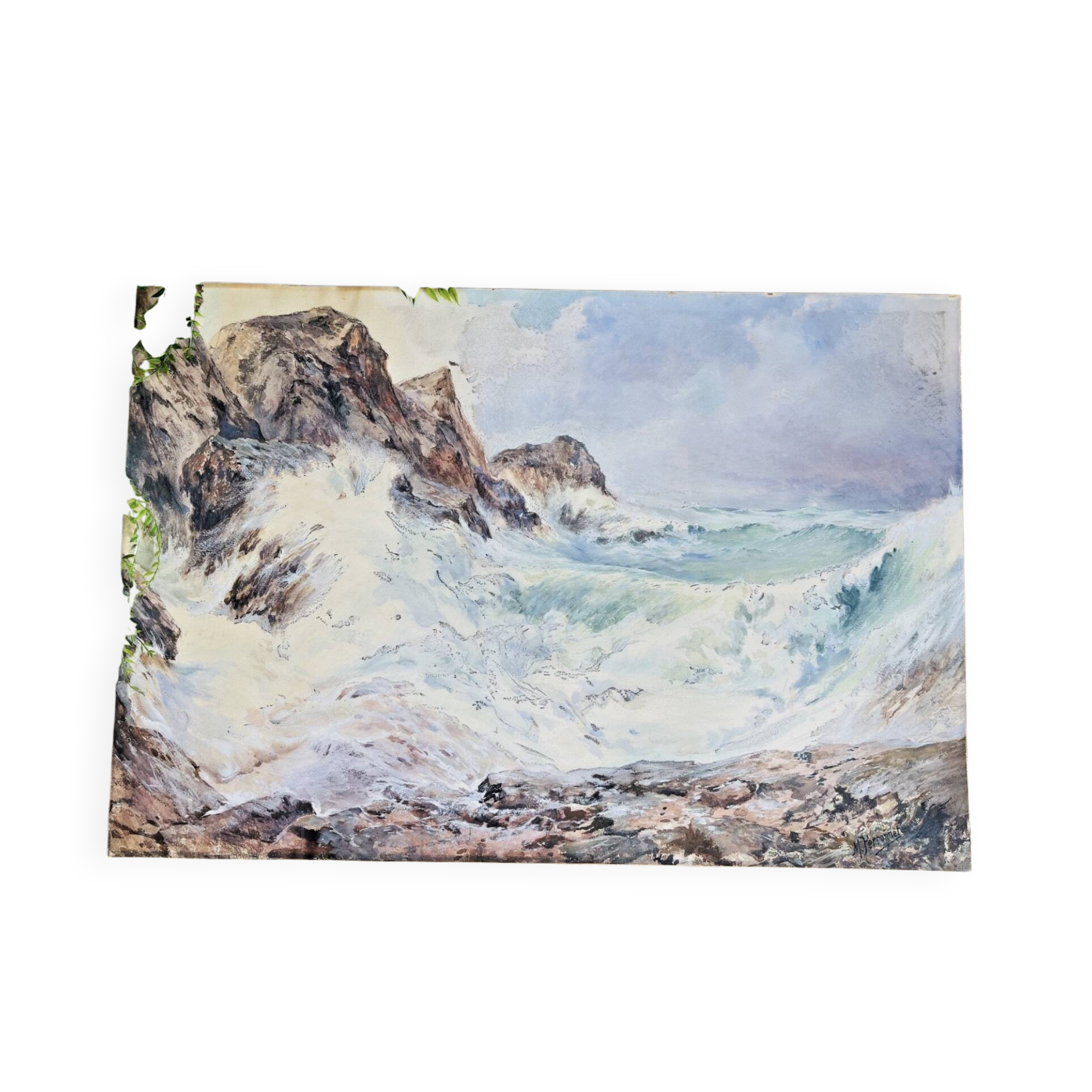 Watercolor Maurice Perronnet (1877-1950) Wave breaking against a rock