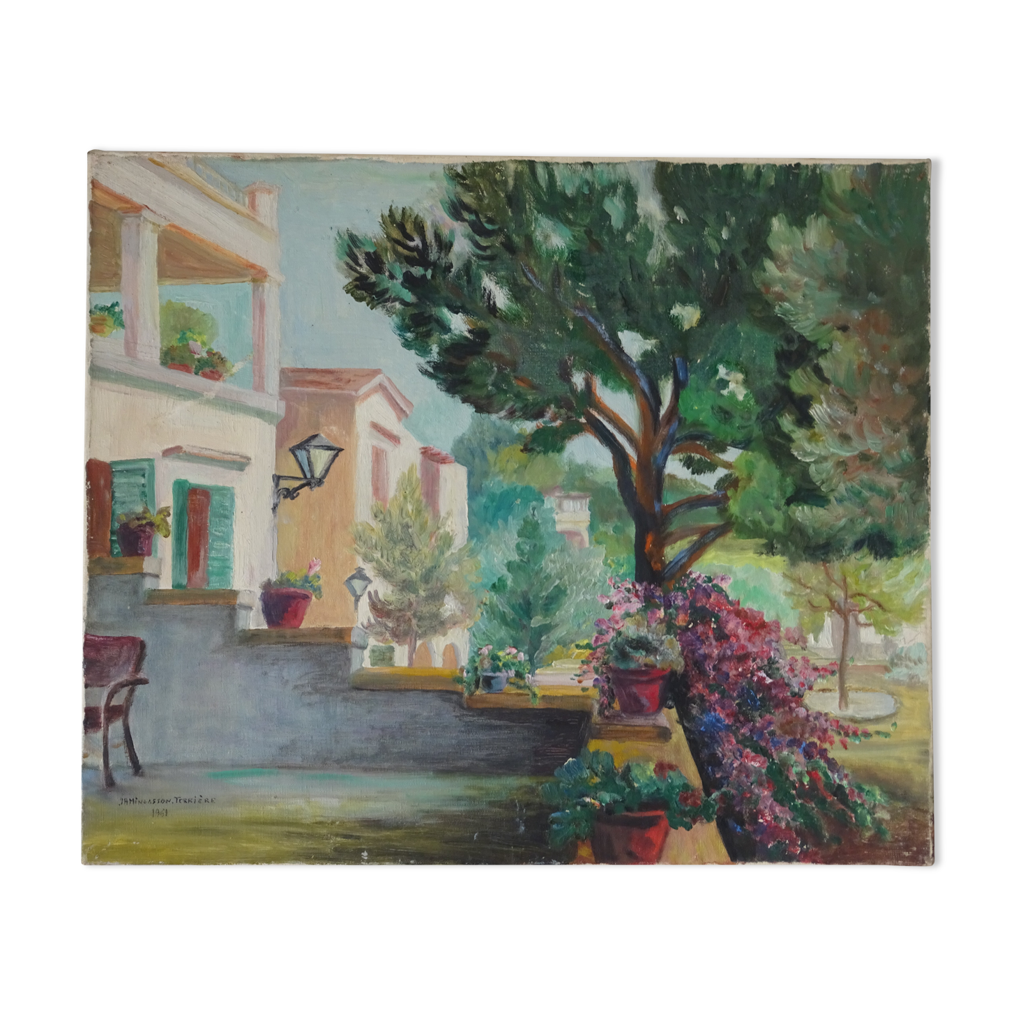 Painting view of Paguera Balearic Islands oil on canvas signed 1961
