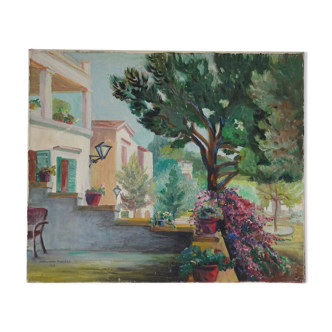 Painting view of Paguera Balearic Islands oil on canvas signed 1961