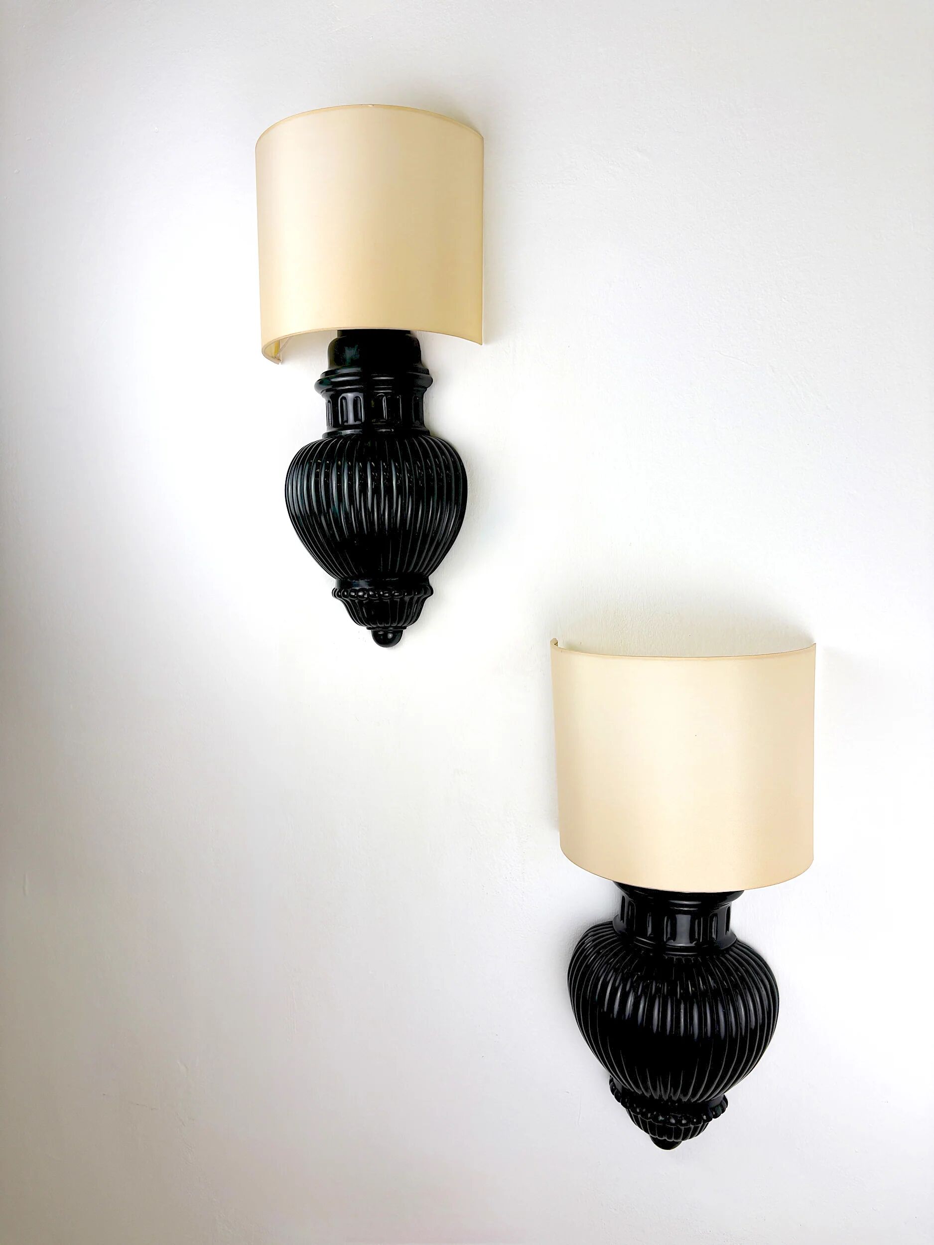 Pair of Art Deco wall lights with shades in glazed cast ceramic,Italy,1970s