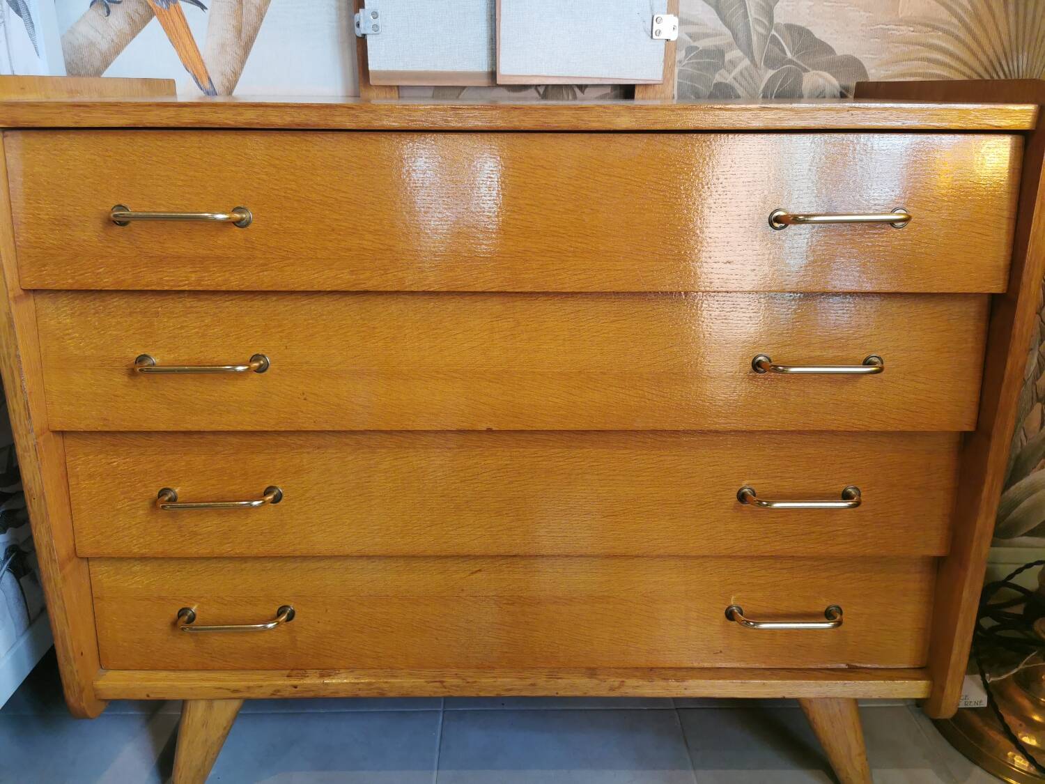 Vintage chest of drawers with compass legs and triptych mirror