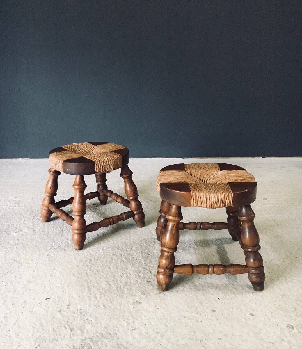 Rustic Low Oak and Rush Stools in the style of Charles Dudouyt, France, 1940s, Set of 2