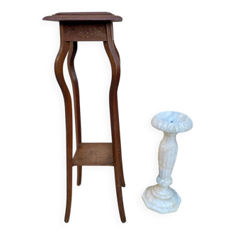 Set of two alabaster and wood columns on old marble