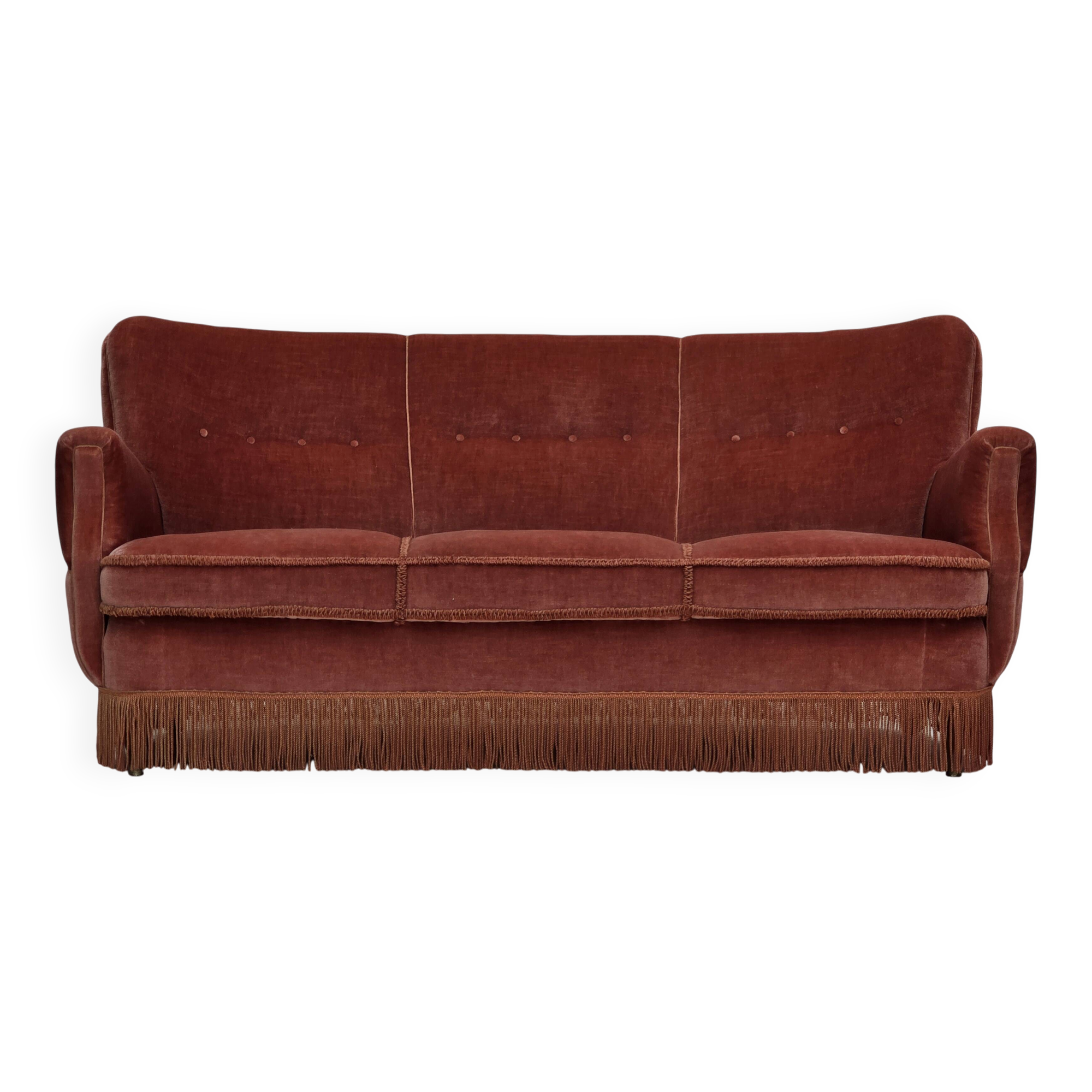 1970s, 3-seater Danish curved sofa, pink furniture velour.