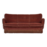 1970s, 3-seater Danish curved sofa, pink furniture velour.