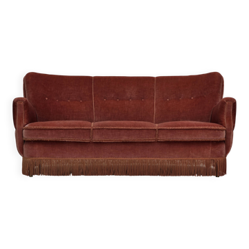 1970s, 3-seater Danish curved sofa, pink furniture velour.