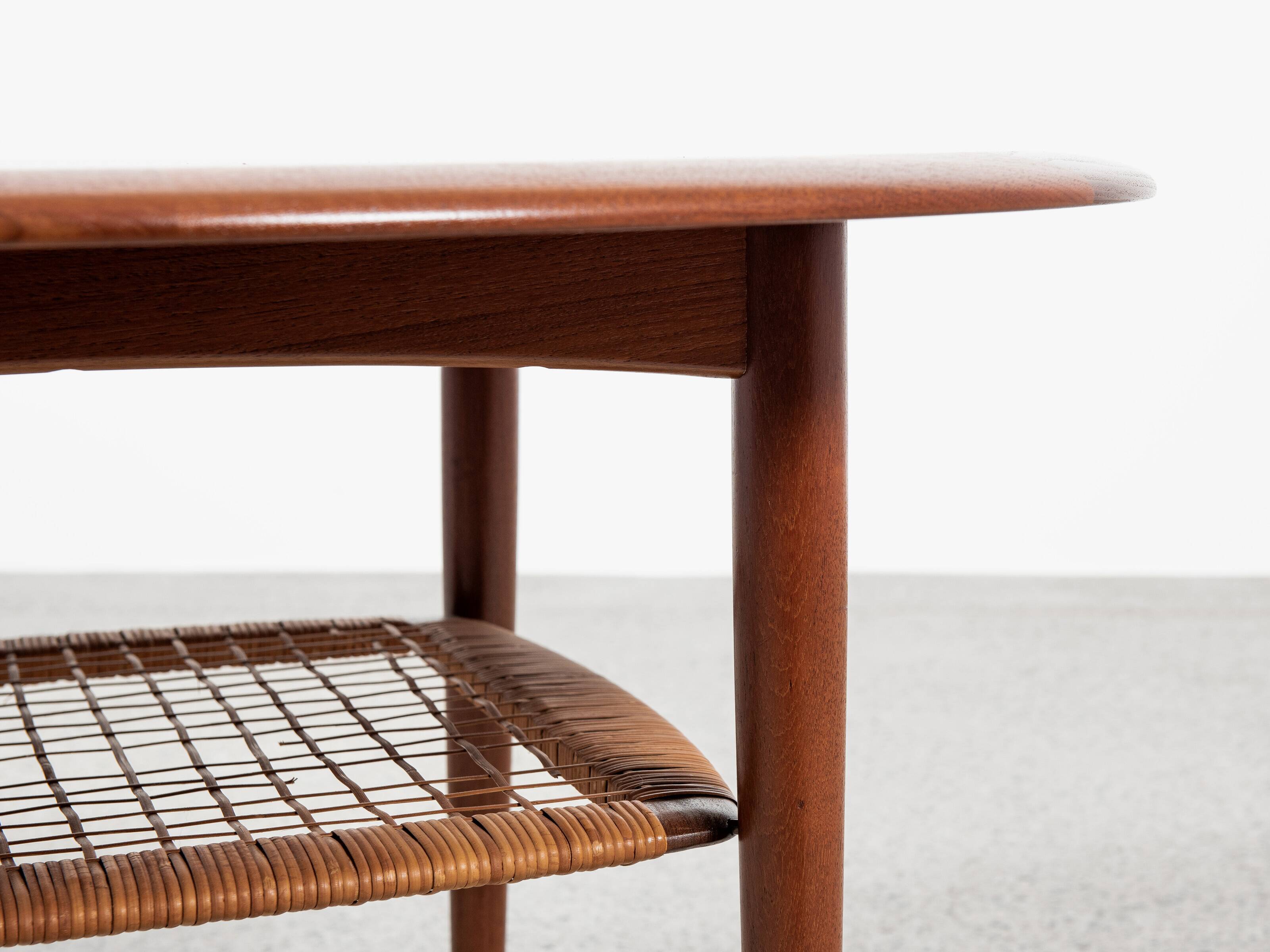 Midcentury Danish round coffee table in teak and cane by Johannes Andersen for Silkeborg 1960s