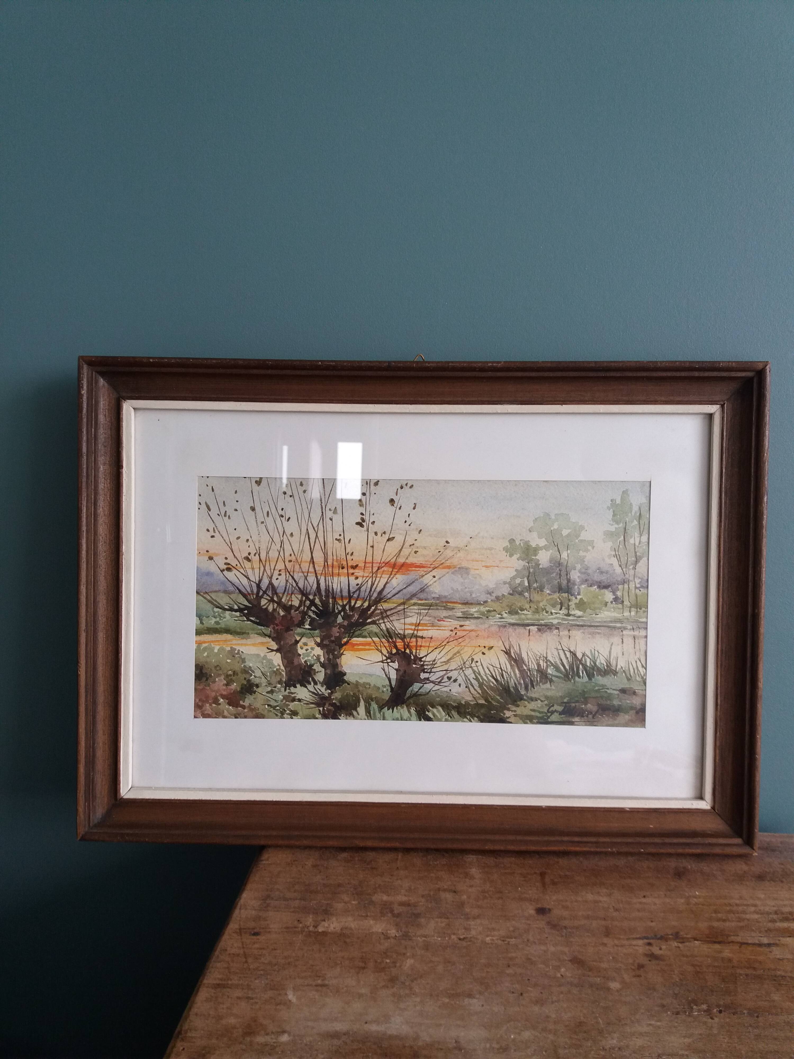 Watercolor signed Thinel, landscape, Marais Poitevin